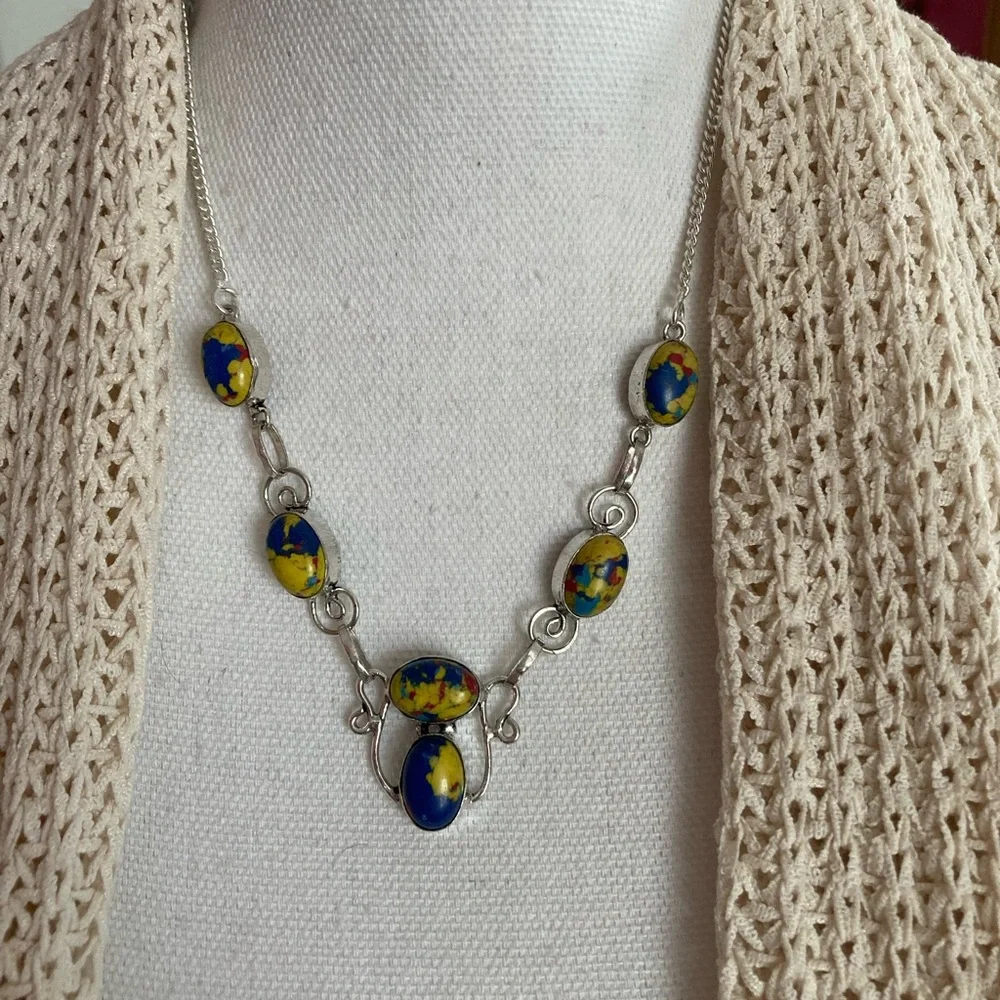 NEW Mosaic Jasper, 925 Silver Necklace - Picture 3 of 5